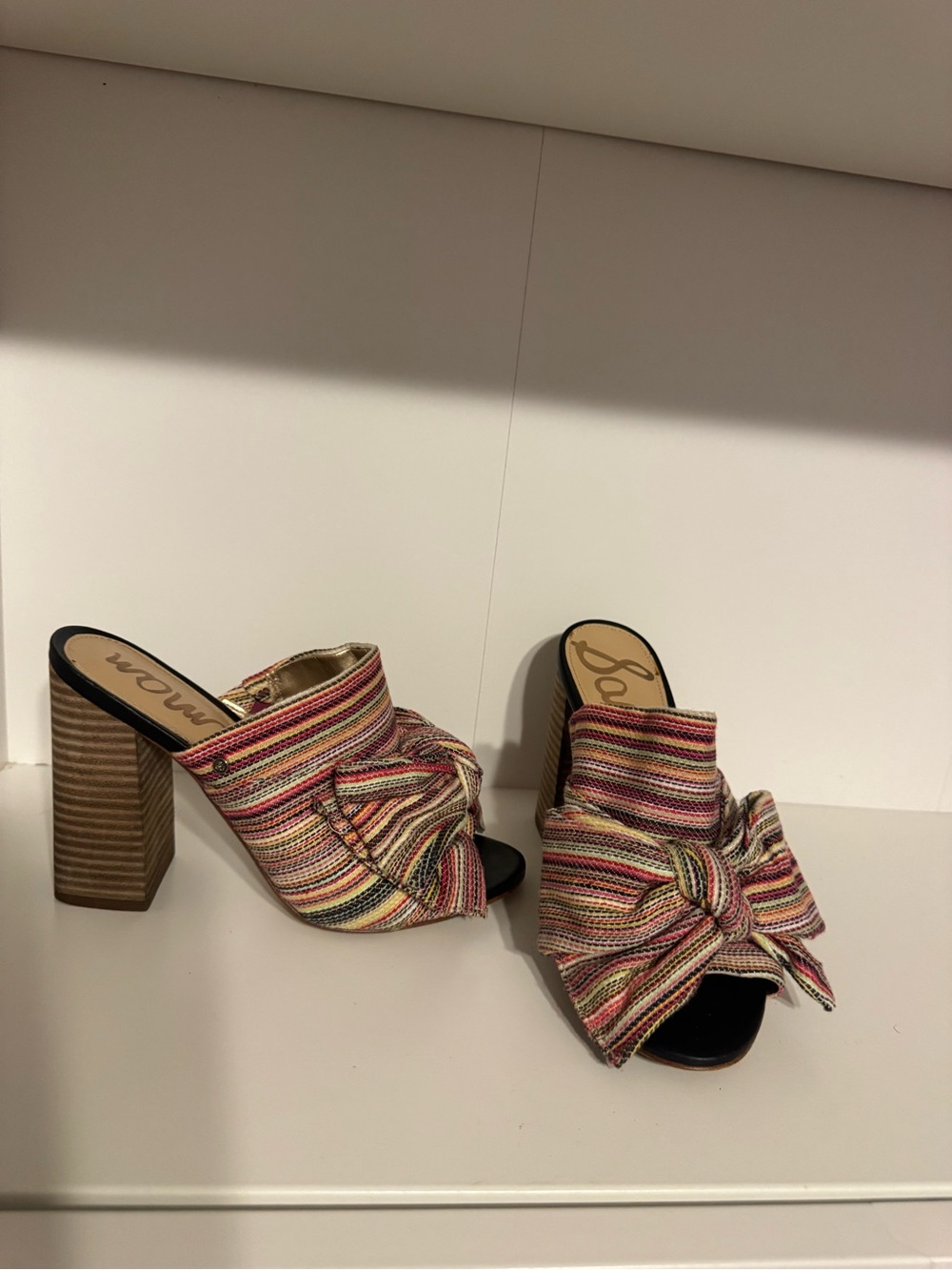 Sam Edelman Striped Bow Block Heel Mules - Pink, Yellow, Green, Cream